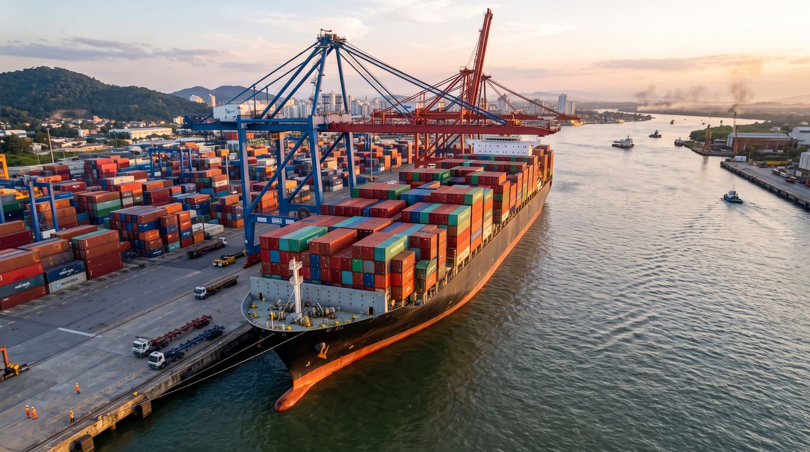 Container suspended from a crane during unloading at the quay.