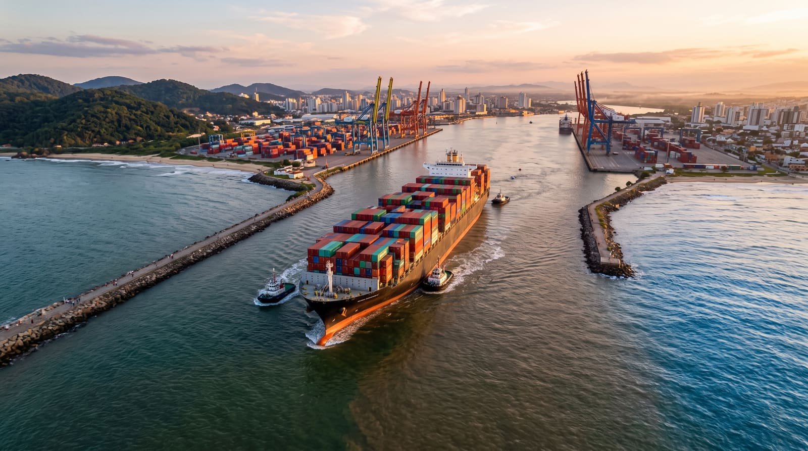Container ship berthed at a port terminal, with quay cranes in operation.