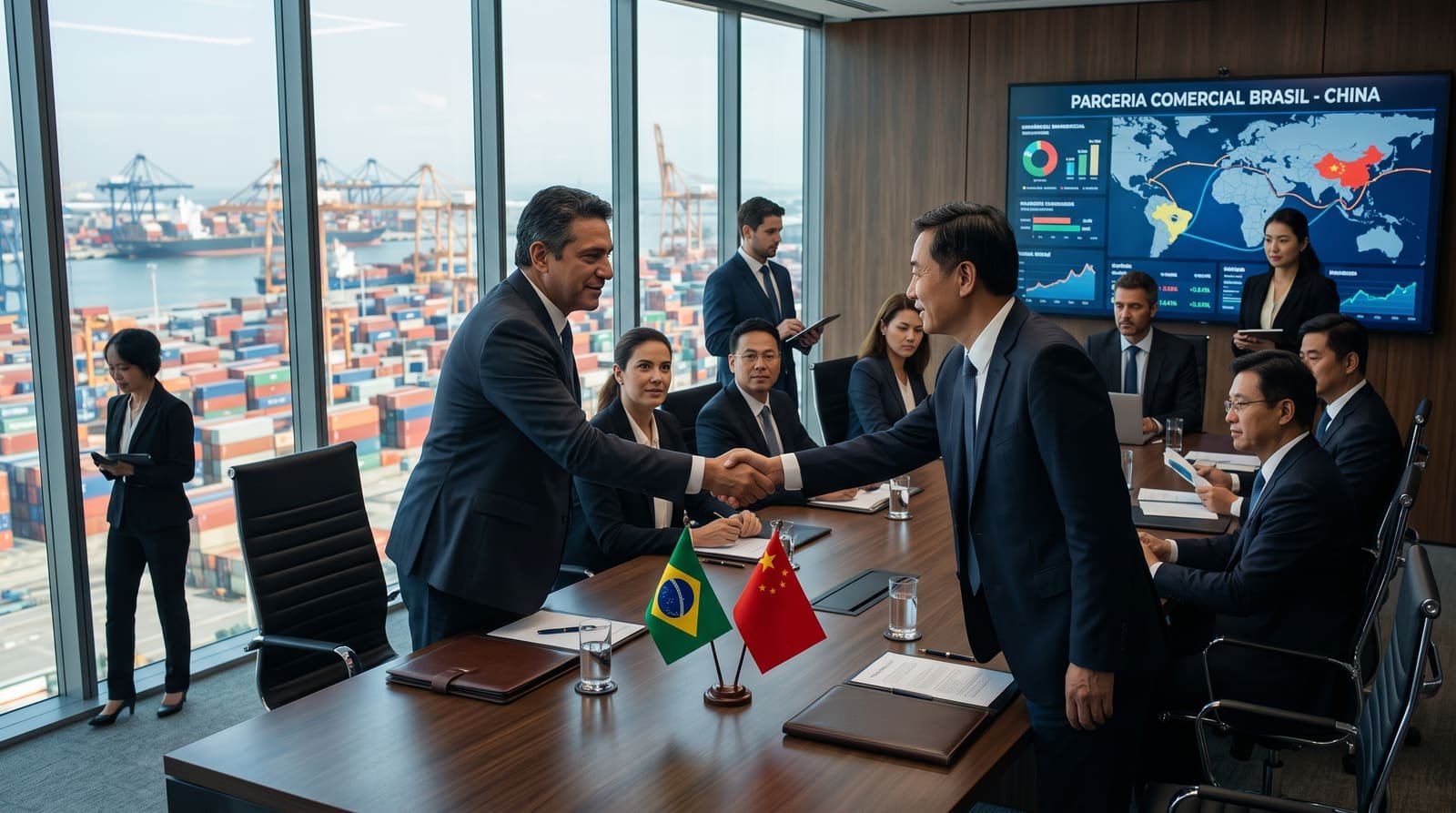 Business meeting between Brazilian and Chinese executives, with the flags of Brazil and China on the table and a port in the background.